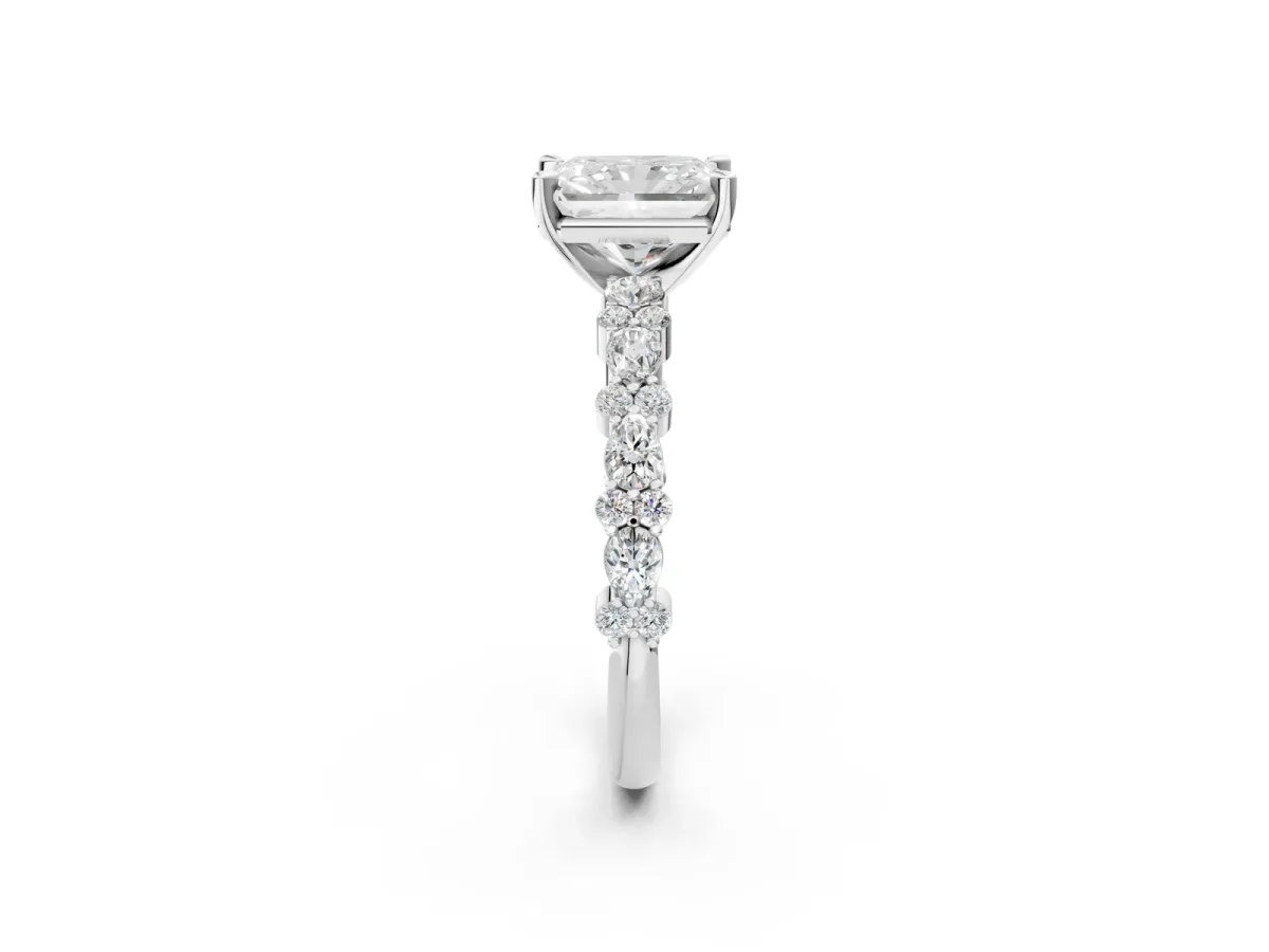 Radiant Cut Diamond Side Stone Solitaire Ring with Round Moissanite and Four-Prong Setting Platinum
