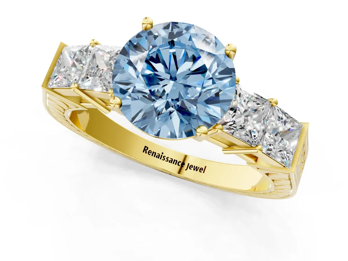 Fancy Blue Round Cut Solitaire Princess Side Stone Engraved Band Prong Setting Ring Yellow gold