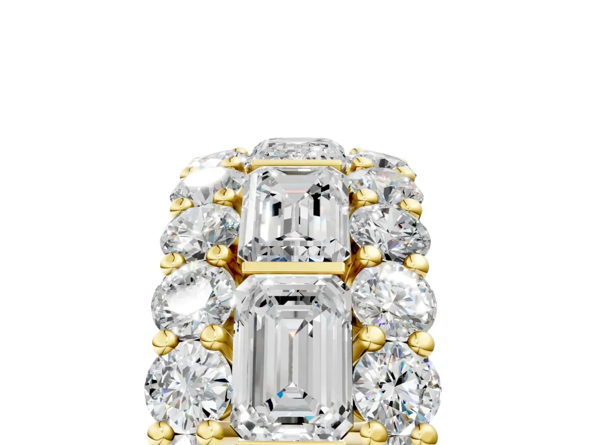 Emerald Cut and Round Diamond Three-Row Eternity Mens Band Yellow gold