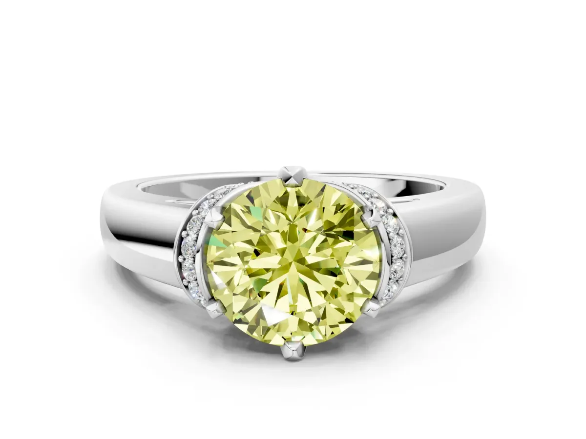 Fancy Yellow Round Cut Solitaire Diamond Ring with Pave Band and Six-Prong Setting Silver