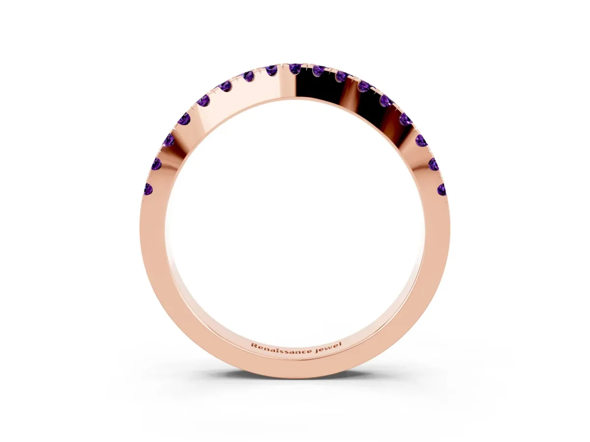 Round Amethyst Pavé Curved Band with Shared Prong Setting Rose gold