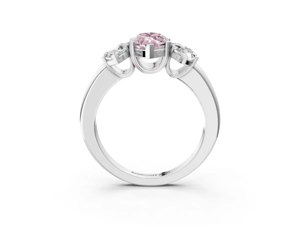 Fancy Pink Three-Stone Marquise Cut Cut Diamond Ring with Channel Set Band and Four-Prong Setting Silver