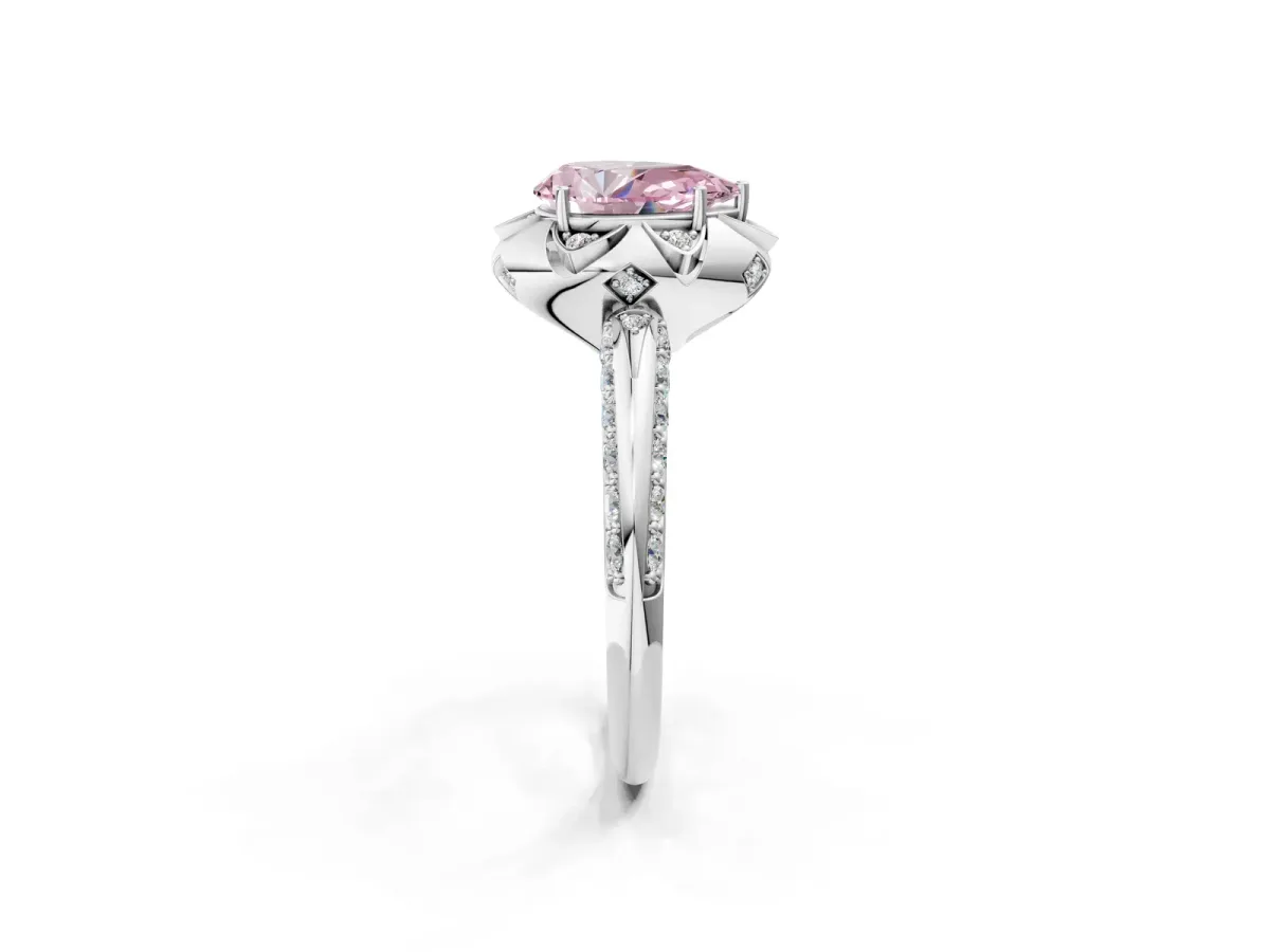 Fancy Pink Pear Cut Halo Split Shank Pave Diamond Ring with Petal Prong Setting Platinum