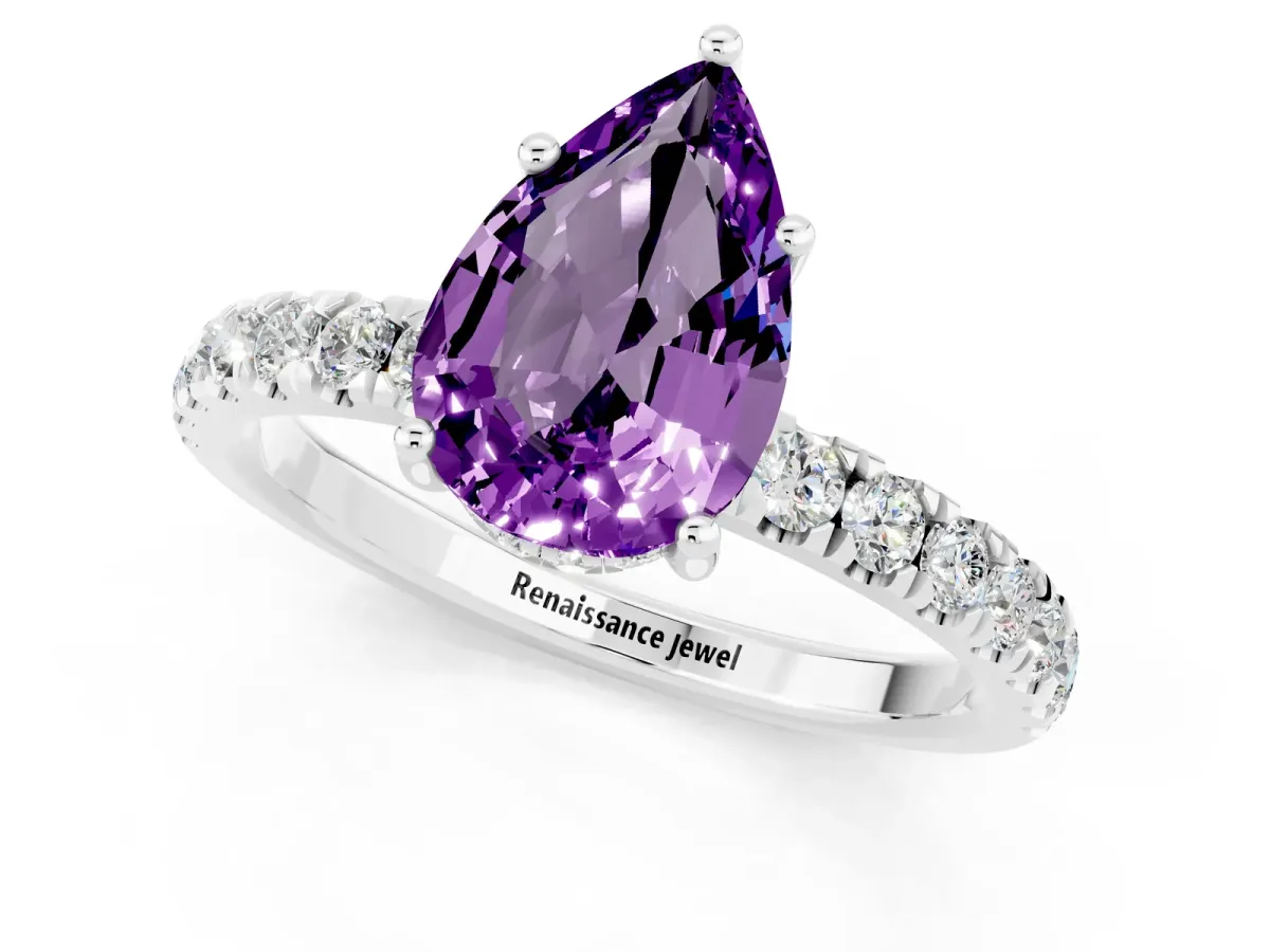 Pear Cut Amethyst Pave Band Solitaire Ring with Round and Prong Setting White gold