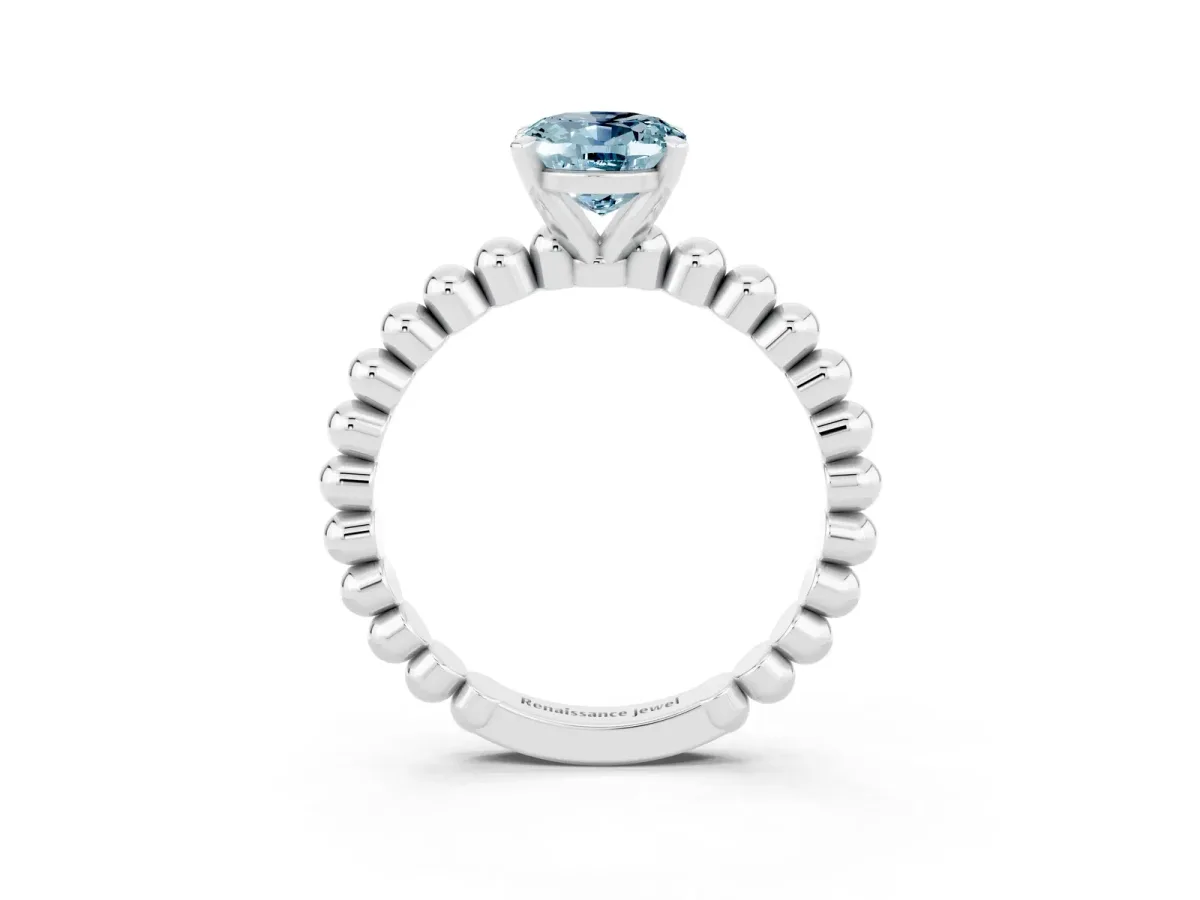 Oval Cut Aquamarine Solitaire Ring with Beaded Band and Prong Setting Silver