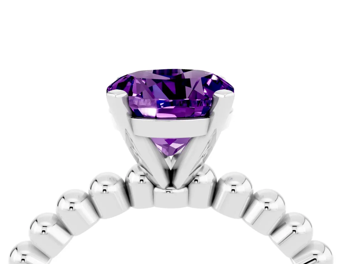 Round Cut Amethyst Solitaire Ring with Beaded Band and Prong Setting Platinum