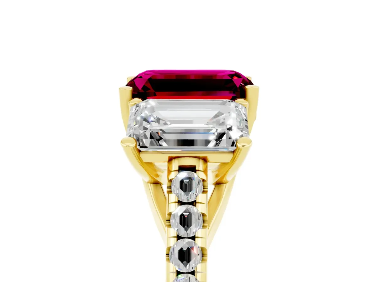 Three-Stone Emerald Cut Garnet Ring with Round Pavé Band and Prong Setting Yellow gold