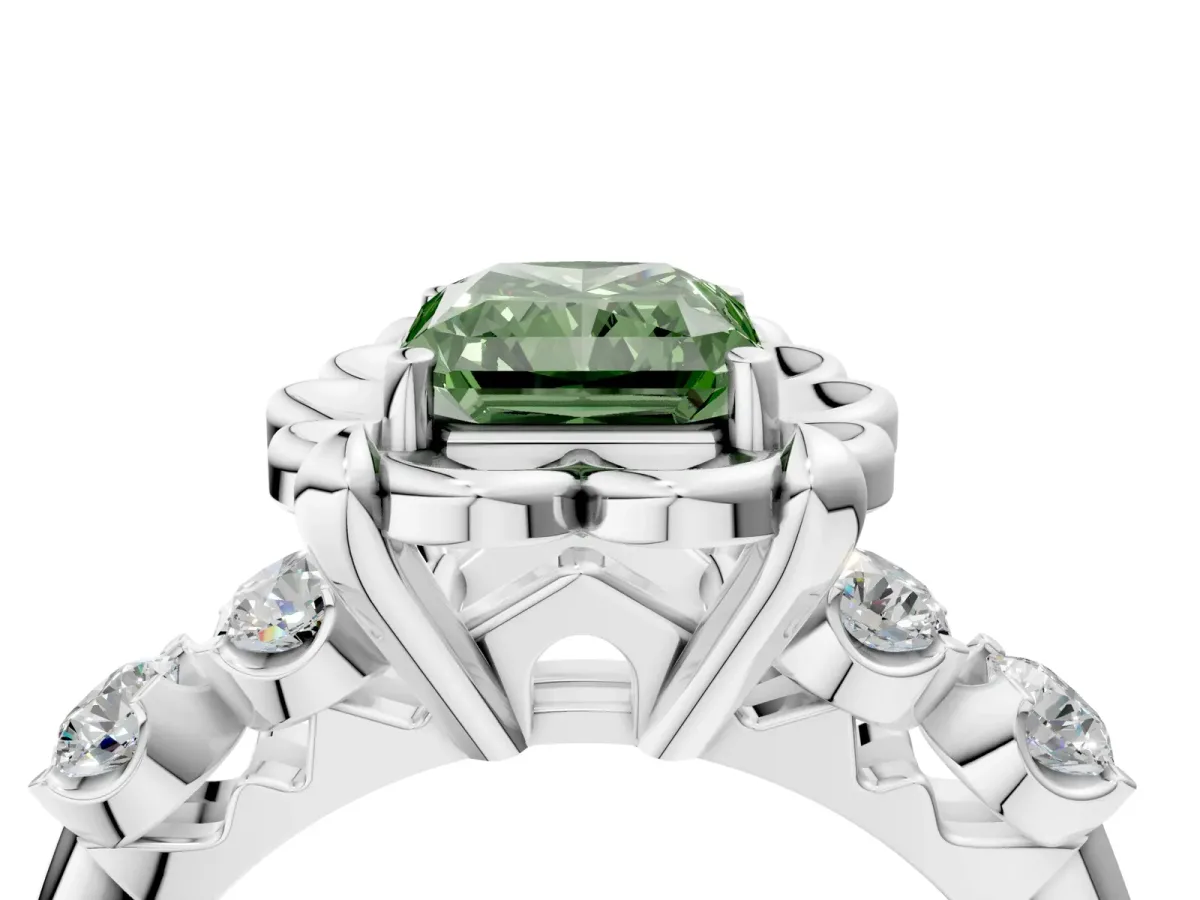 Fancy Green Radiant Cut Cut Diamond Floral Halo Engagement Ring with Shared Prong Setting Silver