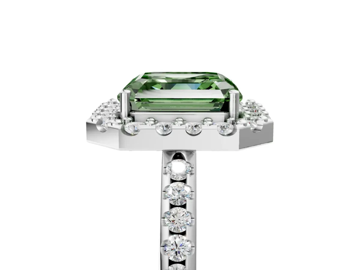 Fancy Green Asscher Cut Diamond Pavé Halo Ring with Four-Prong Setting Platinum