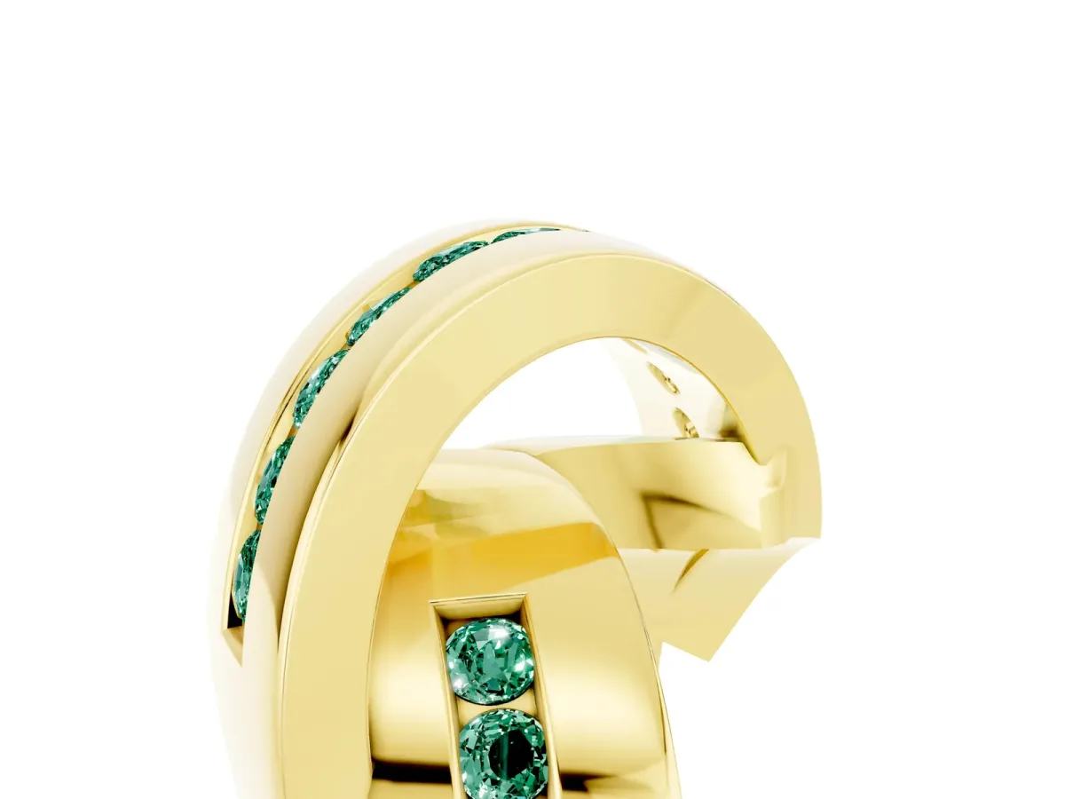 Pavé Round Green Sapphire Crossover Band with Channel Setting Yellow gold