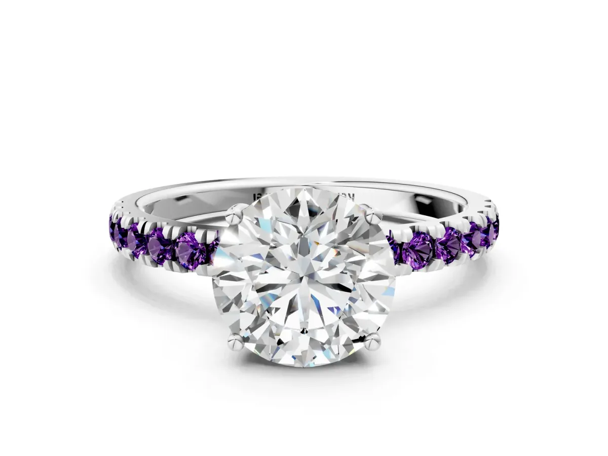 Round Cut Diamond Pave Band Solitaire Ring with Round Amethyst and Prong Setting Platinum