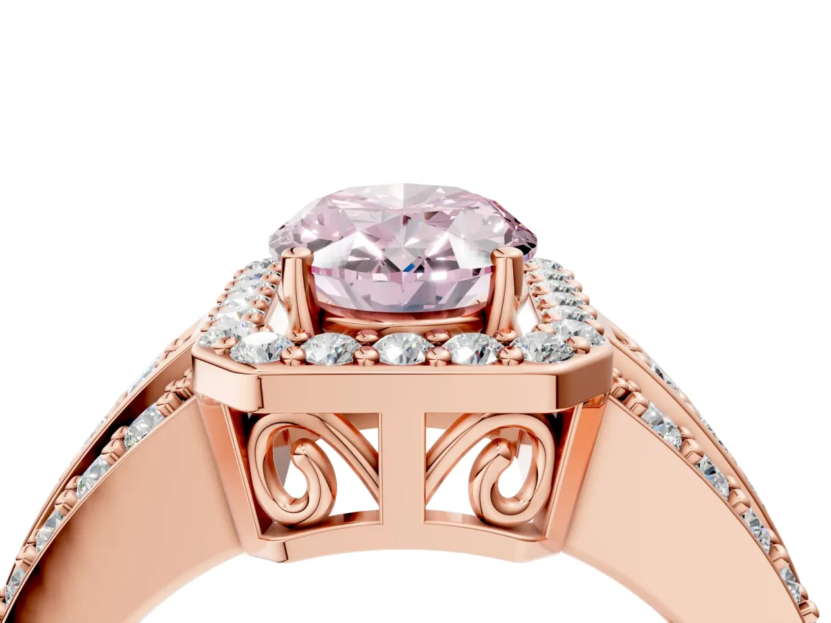 Fancy Pink Oval Cut Halo Diamond Ring with Round Split Shank and Prong Setting Rose gold