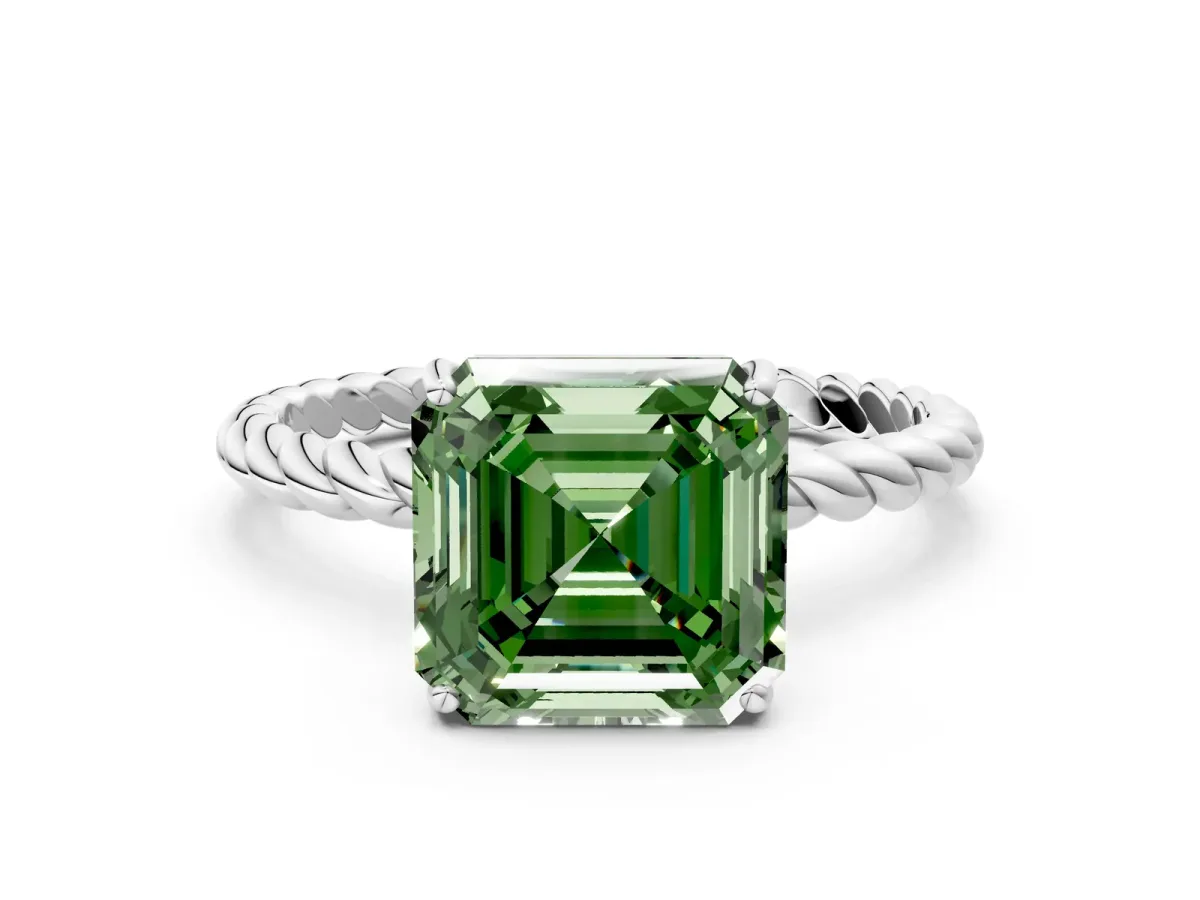 Fancy Green Asscher Cut Solitaire Twisted Band 4-Prong Ring Platinum