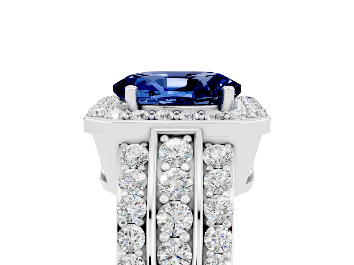 Oval Cut Halo Blue Sapphire Ring with Round Split Shank and Prong Setting Platinum