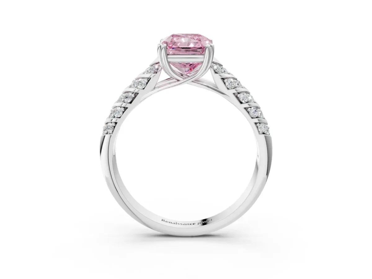 Fancy Pink Radiant Cut Solitaire Chevron Pave Diamond Engagement Ring with Six-Prong Setting Platinum