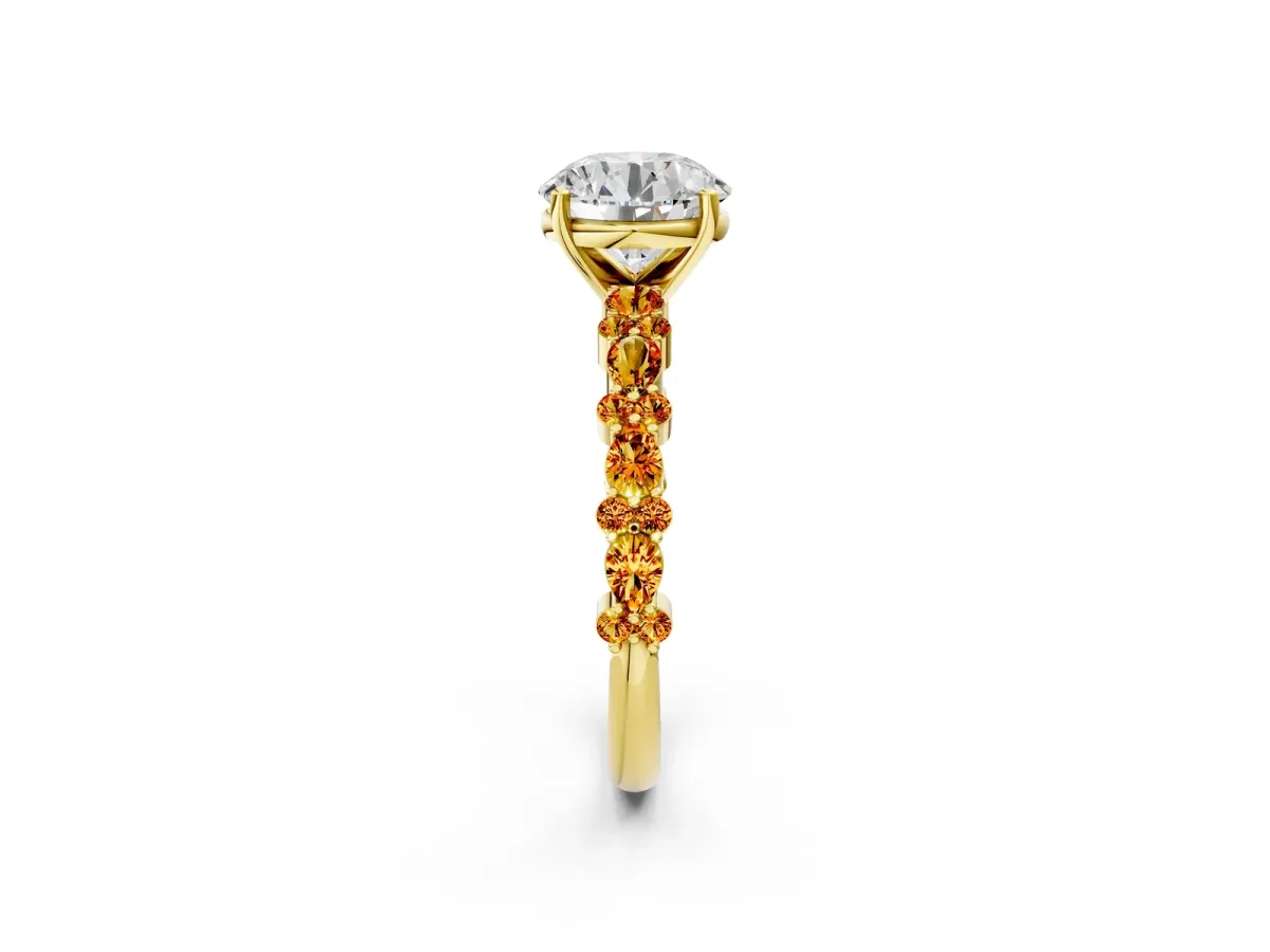 Round Cut Diamond Side Stone Solitaire Ring with Round Citrine and Four-Prong Setting Yellow gold