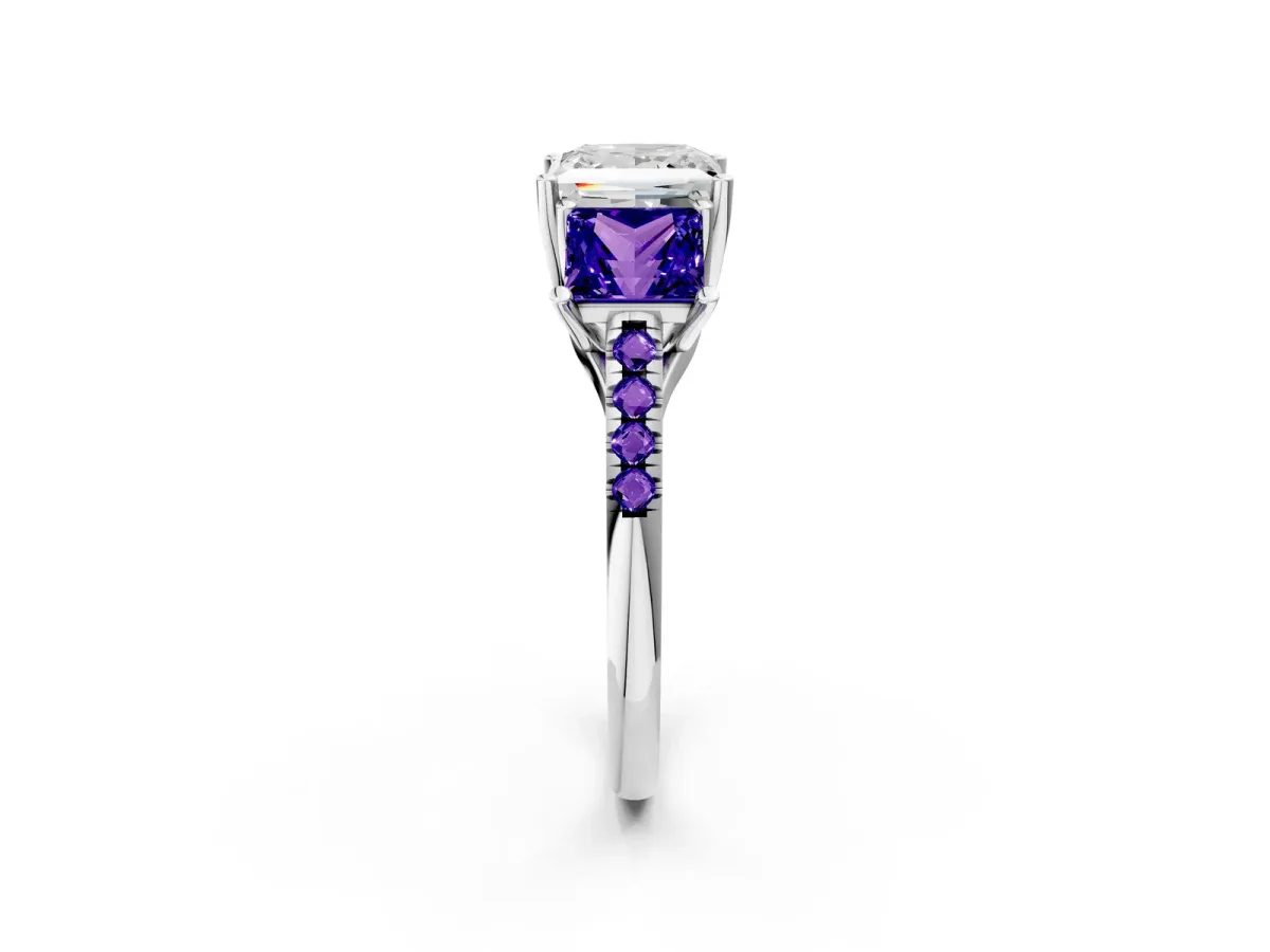 Three-Stone Princess Cut Diamond Ring with Round Tanzanite Pavé Band and Prong Setting Silver