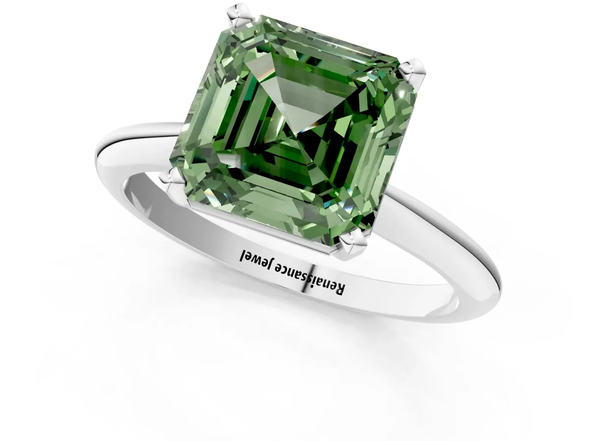Fancy Green Asscher Cut Cut Solitaire Ring with Four-Prong Setting on a Classic Band Platinum