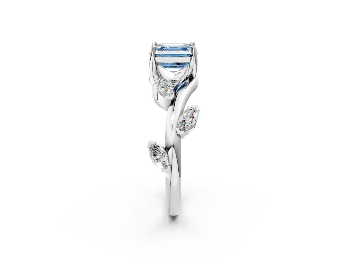 Fancy Blue Asscher Cut Solitaire Twisted Band Marquise Accent Prong Setting Ring Platinum
