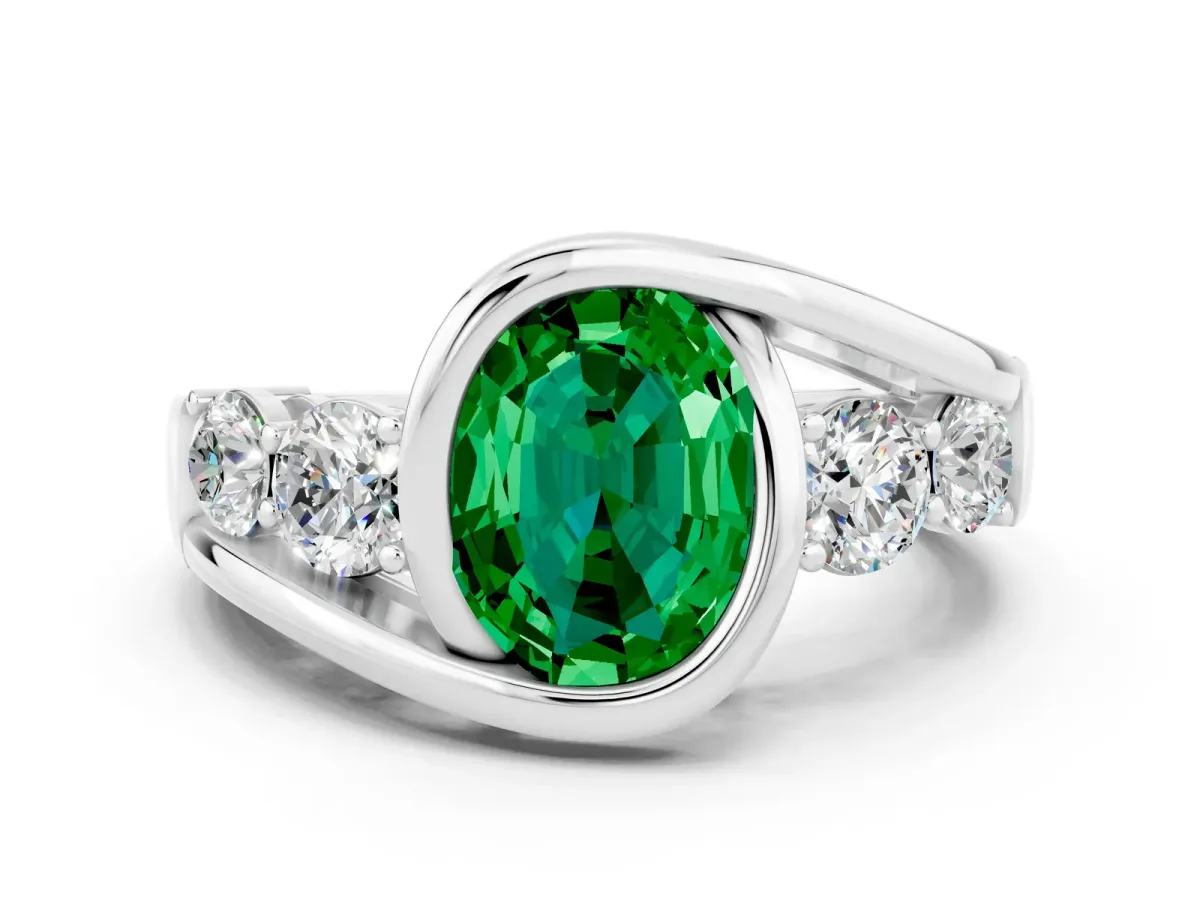 Bezel Set Oval Cut Emerald Bypass Ring with Round Accents Silver
