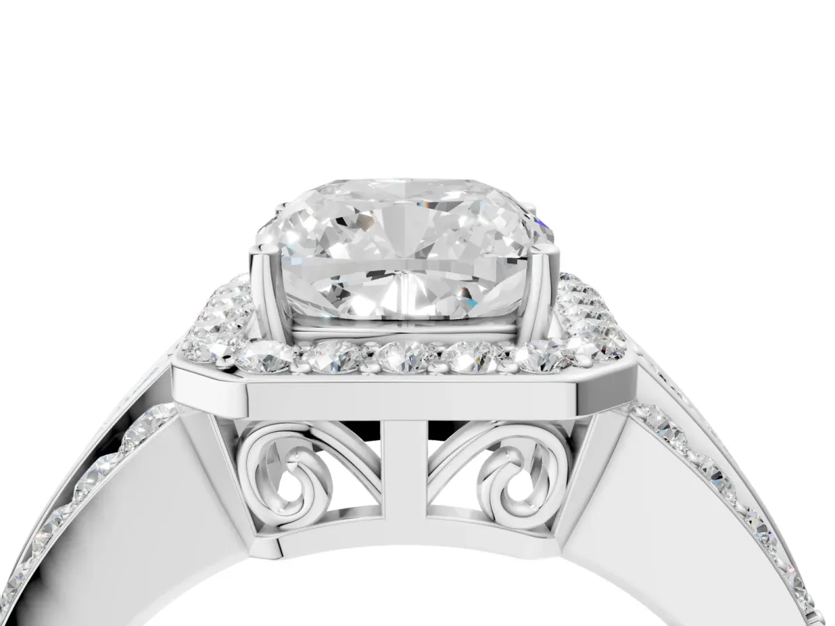 Cushion Cut Halo Diamond Ring with Round Split Shank and Prong Setting Platinum