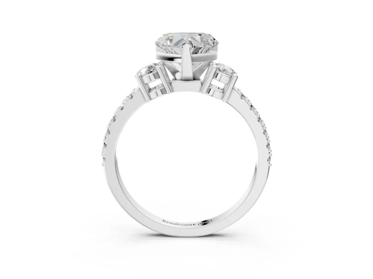 Heart Cut Cut Three-Stone Diamond Pavé Band with Prong Setting Platinum