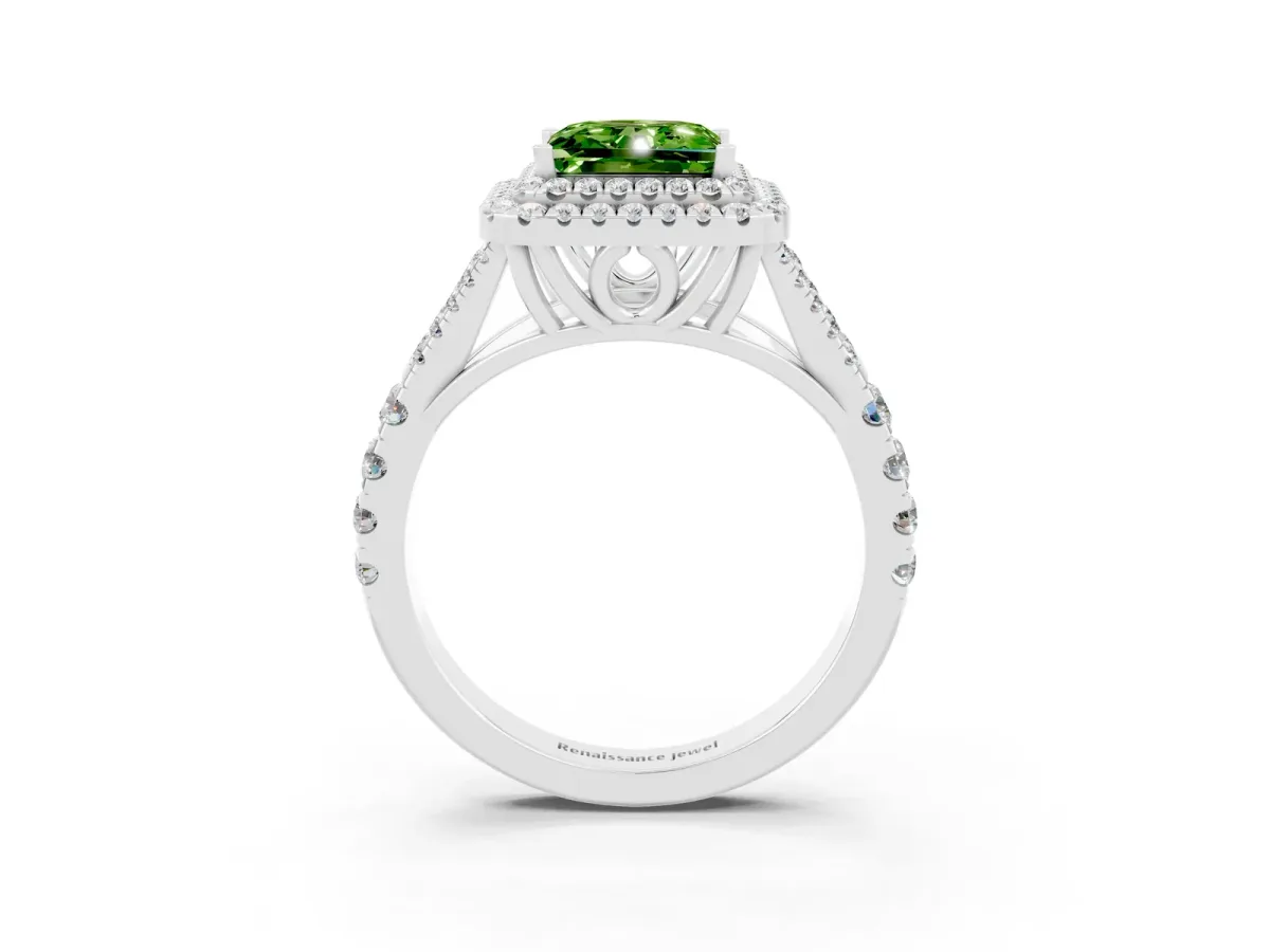 Double Halo Princess Cut Peridot Split Shank Engagement Ring with Four-Prong Setting White gold