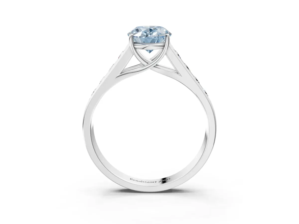 Fancy Blue Oval Cut Brilliant Channel-Set Solitaire Ring with Four-Prong Setting White gold