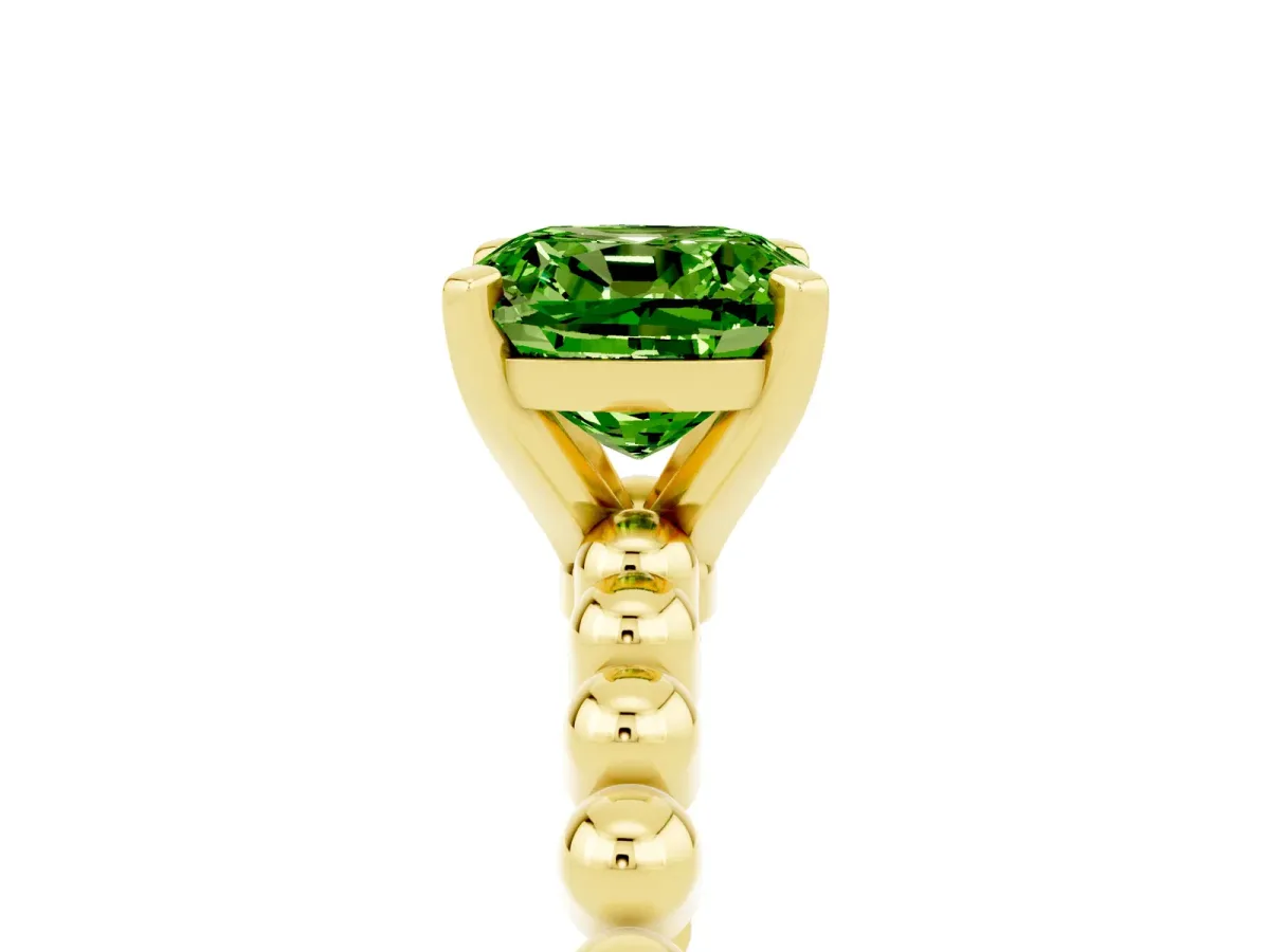 Cushion Cut Peridot Solitaire Ring with Beaded Band and Prong Setting Yellow gold