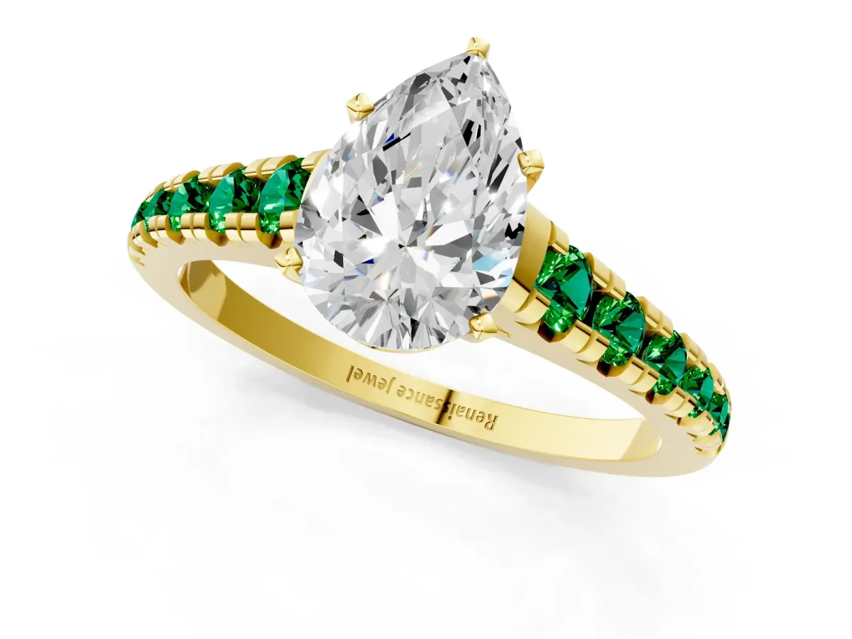 Pear Cut Diamond Cathedral Solitaire Ring with Round Emerald Pavé Band Yellow gold
