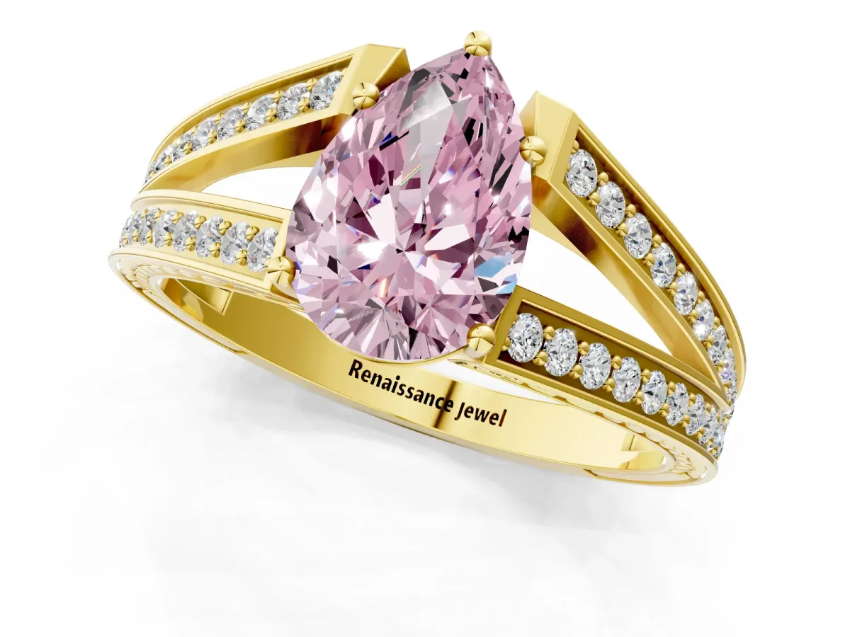 Fancy Pink Pear Cut Diamond Split Shank Ring with Pavé Band and Four-Prong Setting Yellow gold