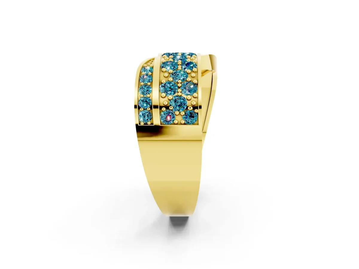 Pavé Round Blue Topaz Crossover Band with Bead Prong Setting Yellow gold