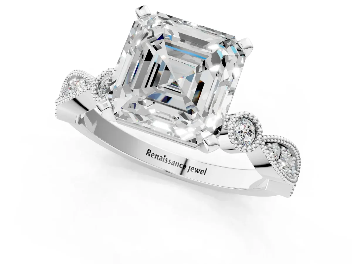Asscher Cut Milgrain Bezel Diamond Engagement Ring with Solitaire Prong Setting Platinum