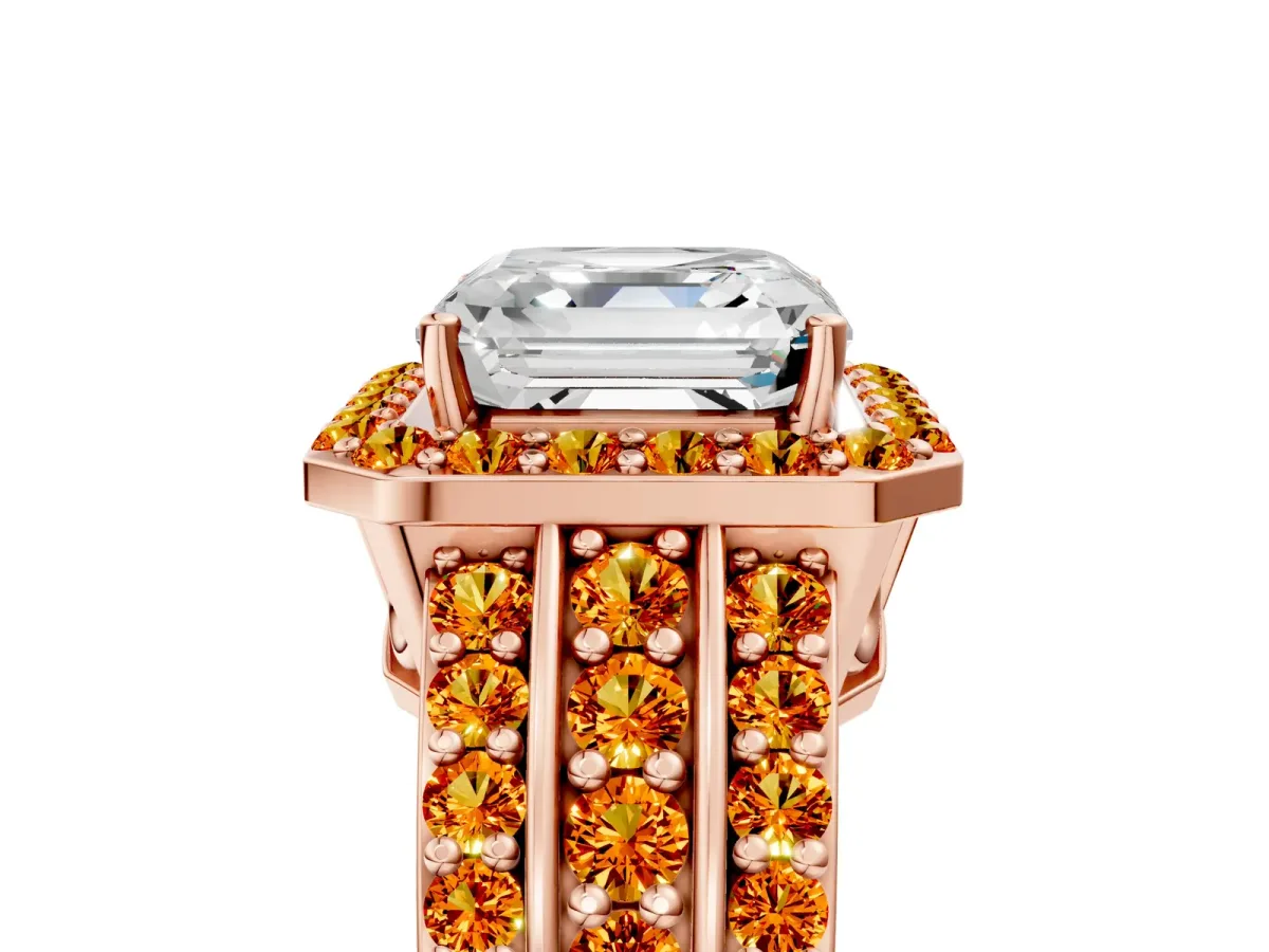 Asscher Cut Halo Diamond Ring with Round Citrine Split Shank and Prong Setting Rose gold