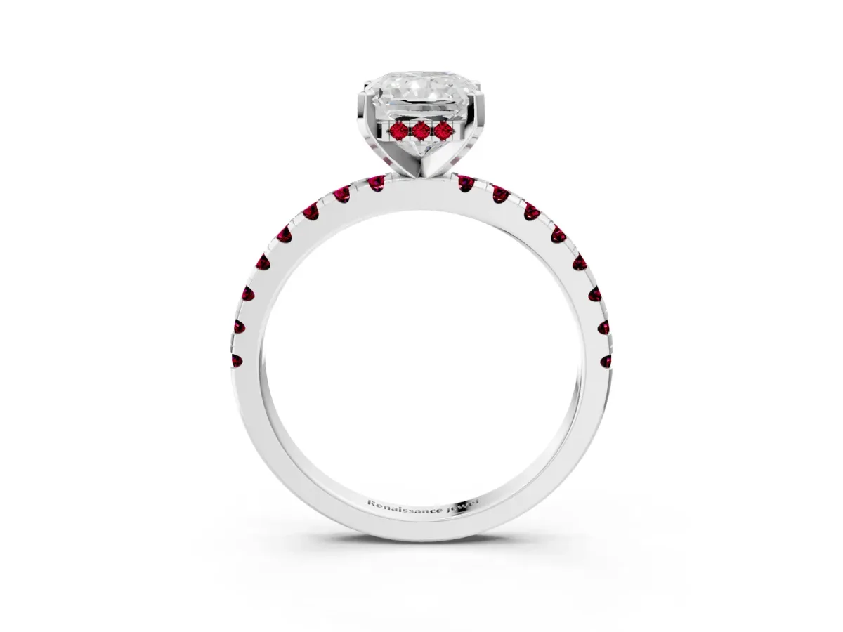 Radiant Cut Diamond Solitaire Ring with Round Garnet Pavé Band and Four-Prong Setting Silver