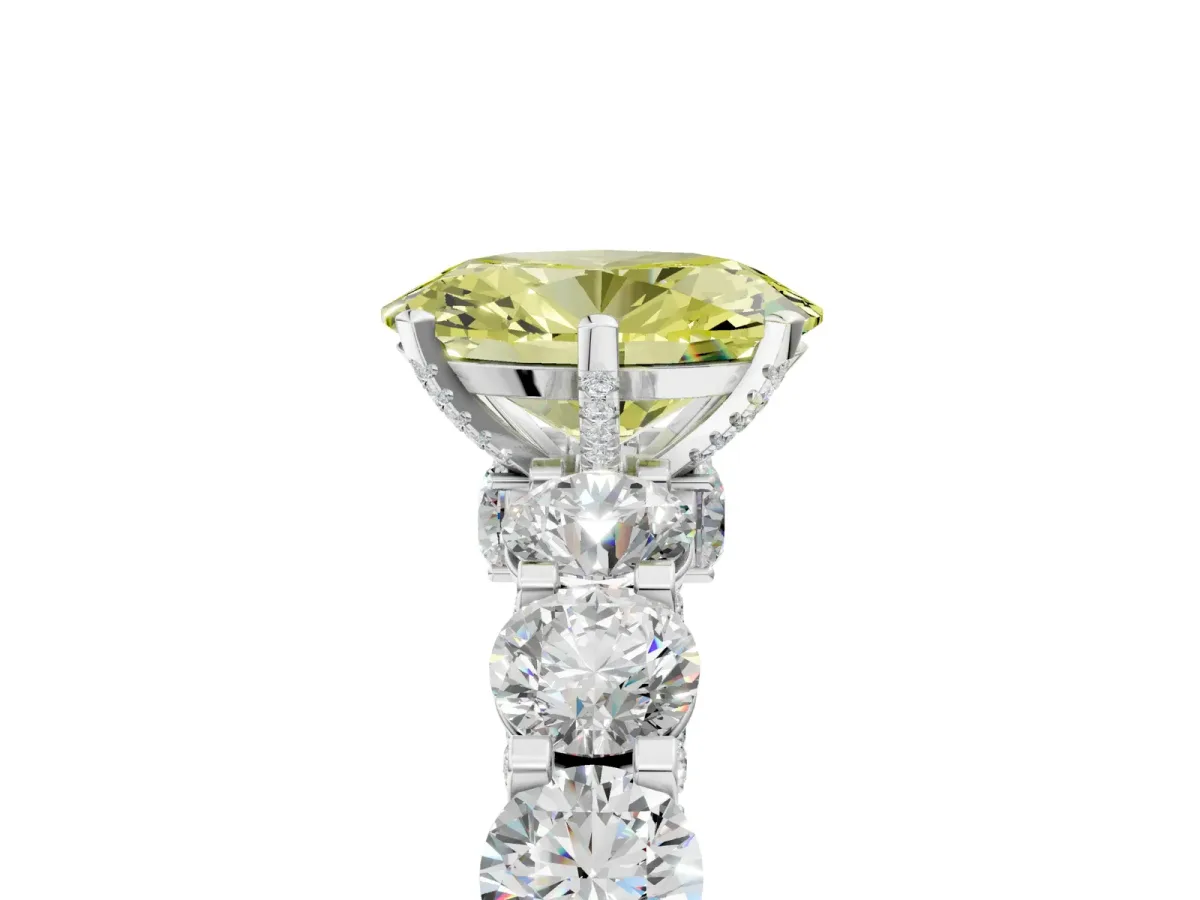 Fancy Yellow Oval Cut Diamond Side Stone Engagement Ring with Four-Prong Setting Platinum