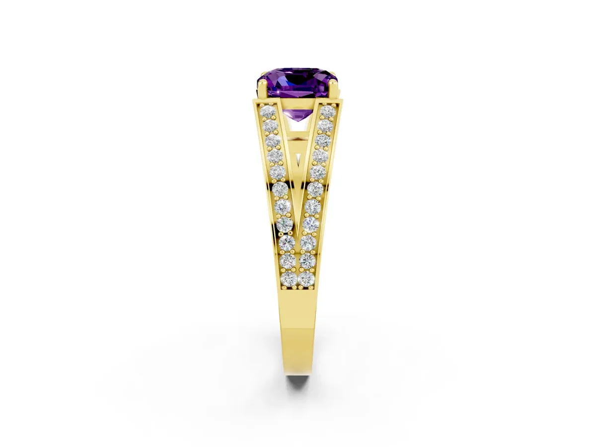 Cushion Cut Amethyst Split Shank Ring with Pavé Band and Four-Prong Setting Yellow gold