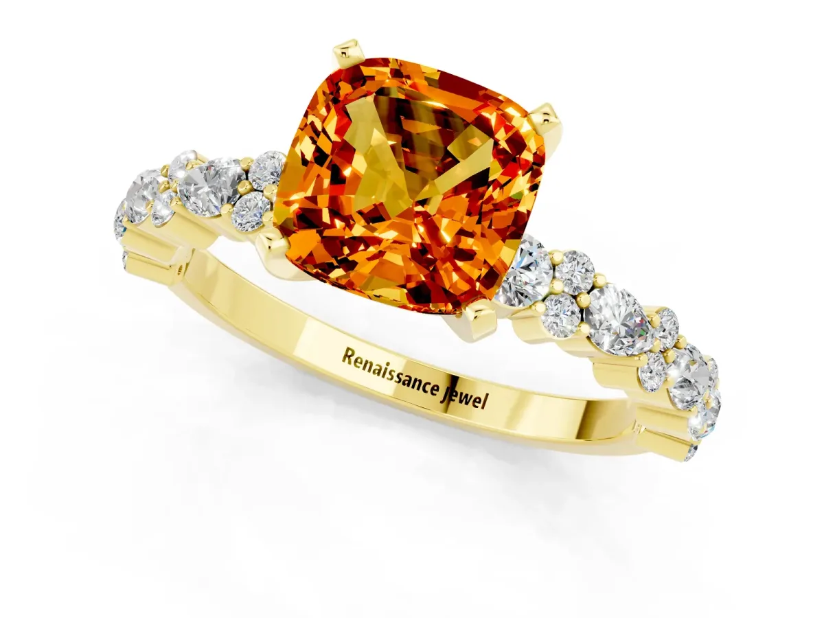 Cushion Cut Citrine Side Stone Solitaire Ring with Round and Four-Prong Setting Yellow gold