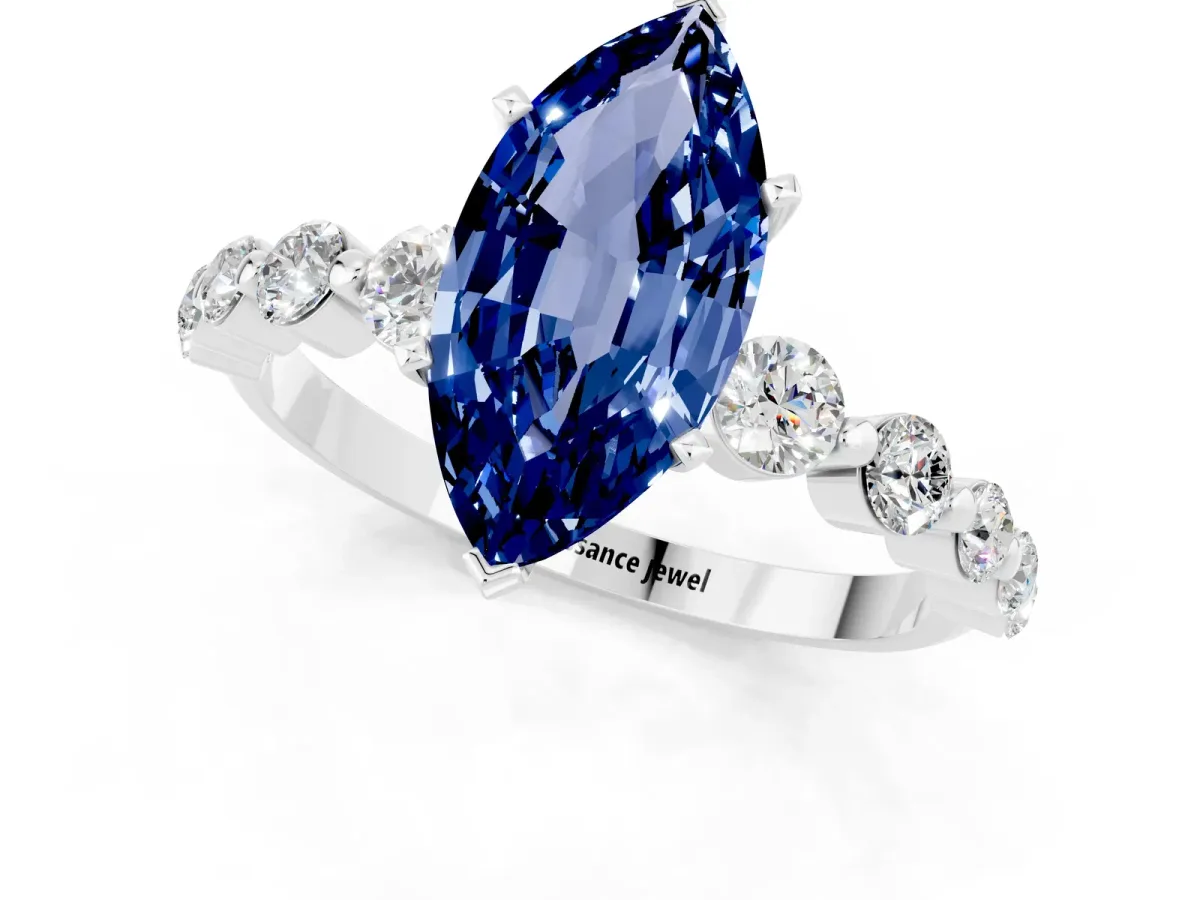 Marquise Cut Solitaire Blue Sapphire Ring with Pave Band and Four-Prong Setting Silver