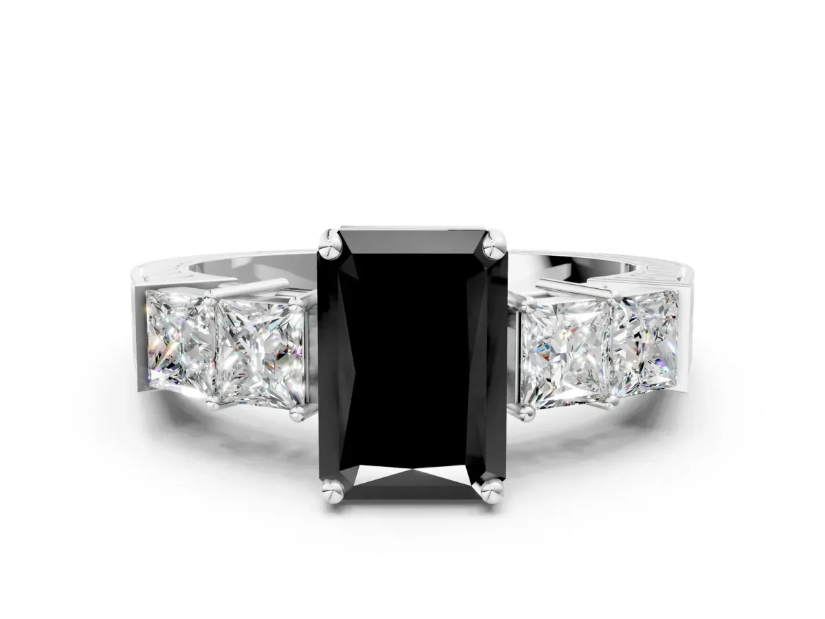 Fancy Black Radiant Cut Solitaire Princess Side Stone Engraved Band Prong Setting Ring Platinum