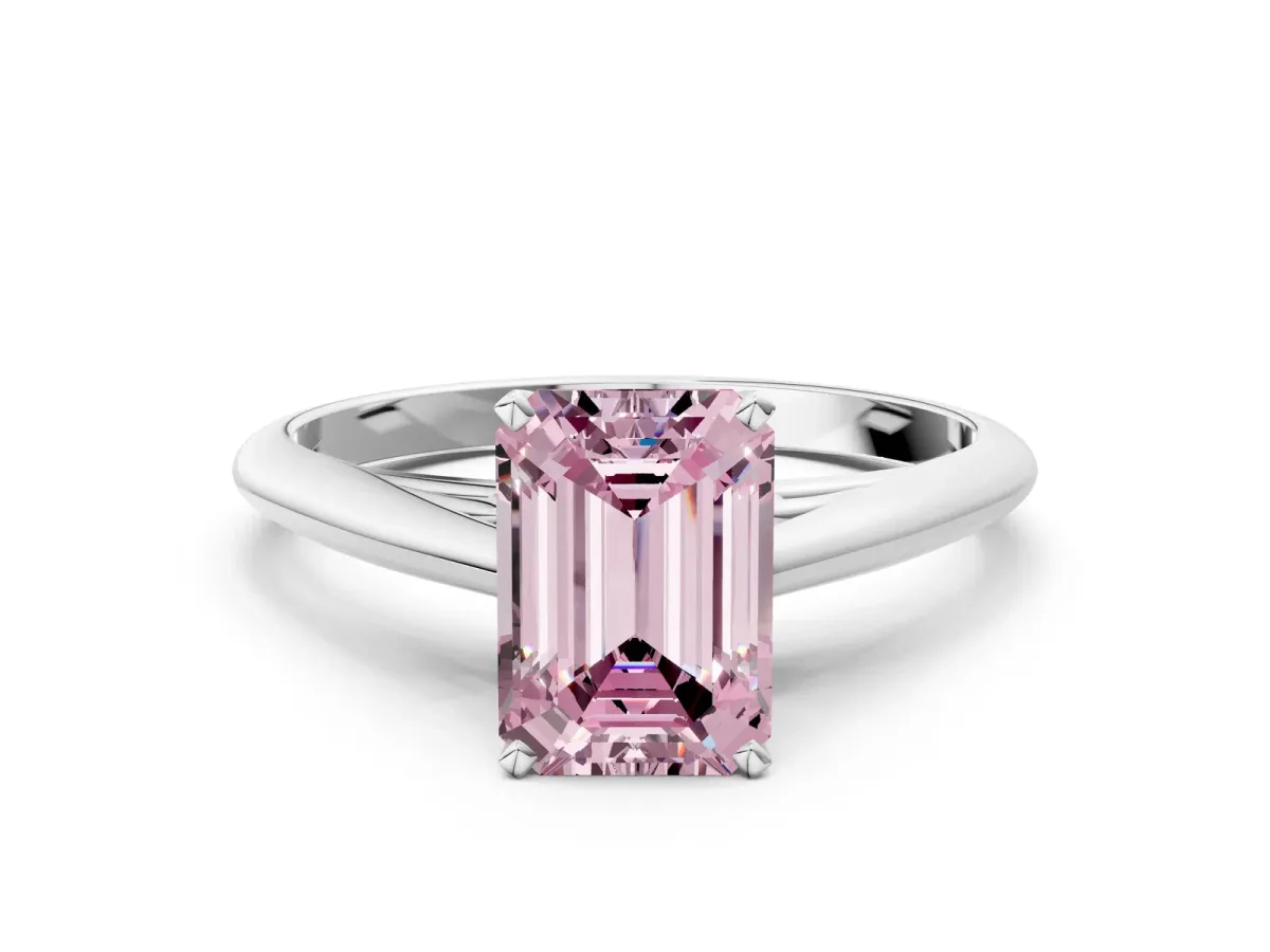 Fancy Pink Emerald Cut Diamond Solitaire Engagement Ring with Cathedral Setting and Four-Prong Mount White gold