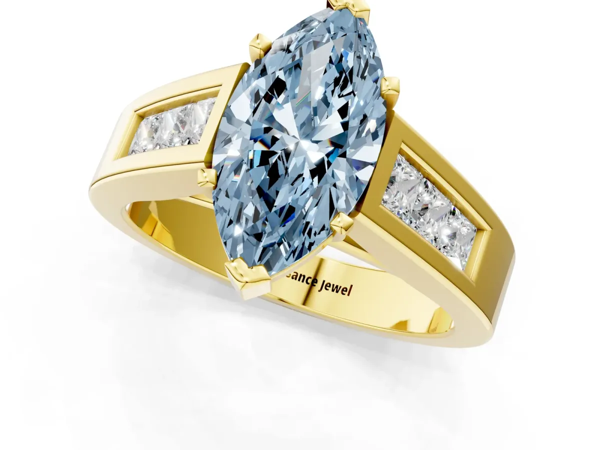 Fancy Blue Marquise Cut Cut Channel Set Solitaire Ring with Four-Prong Setting Yellow gold