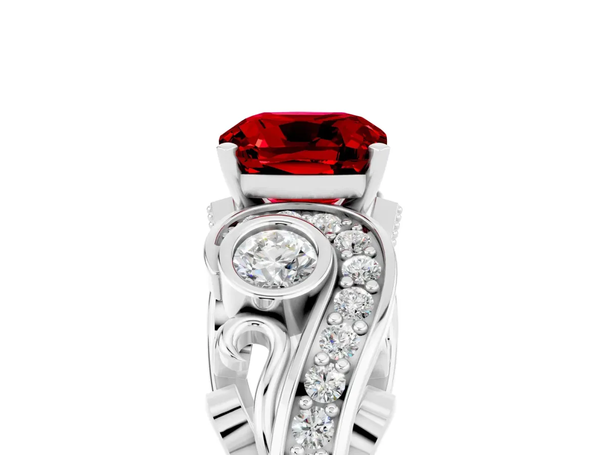 Cushion Cut Ruby Solitaire Ring with Milgrain Pavé Band and Four-Prong Setting Platinum