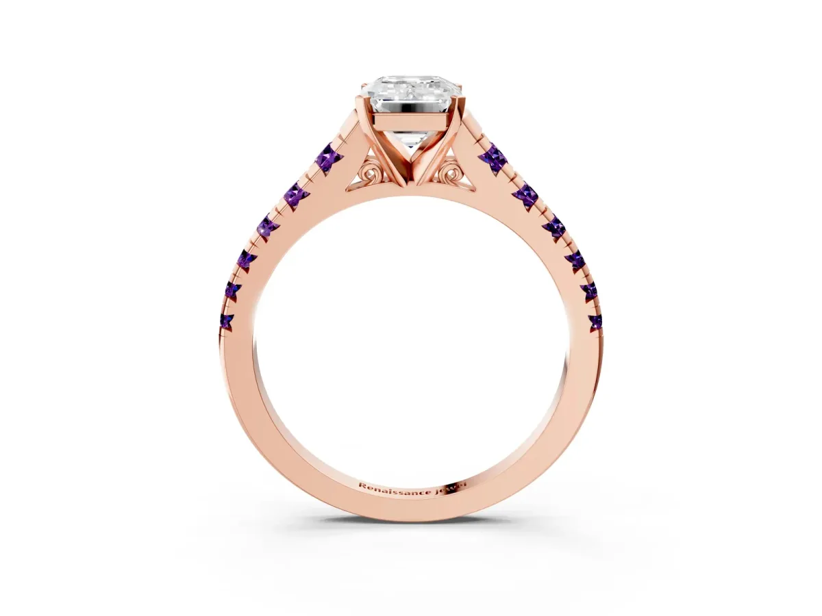 Emerald Cut Diamond Cathedral Solitaire Ring with Round Amethyst Pavé Band Rose gold