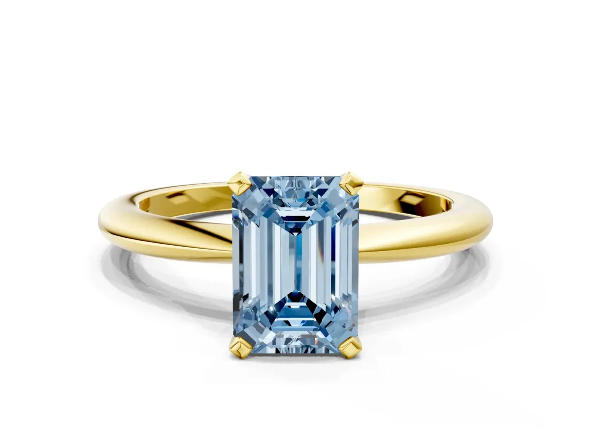 Fancy Blue Emerald Cut Diamond Solitaire Ring with Six-Prong Setting and Classic Band Yellow gold