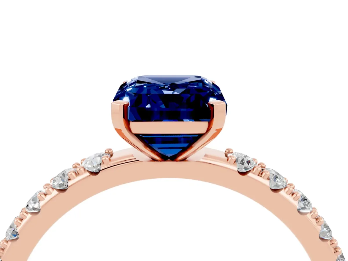 Emerald Cut Blue Sapphire Solitaire Pavé Band with Four-Prong Setting Rose gold