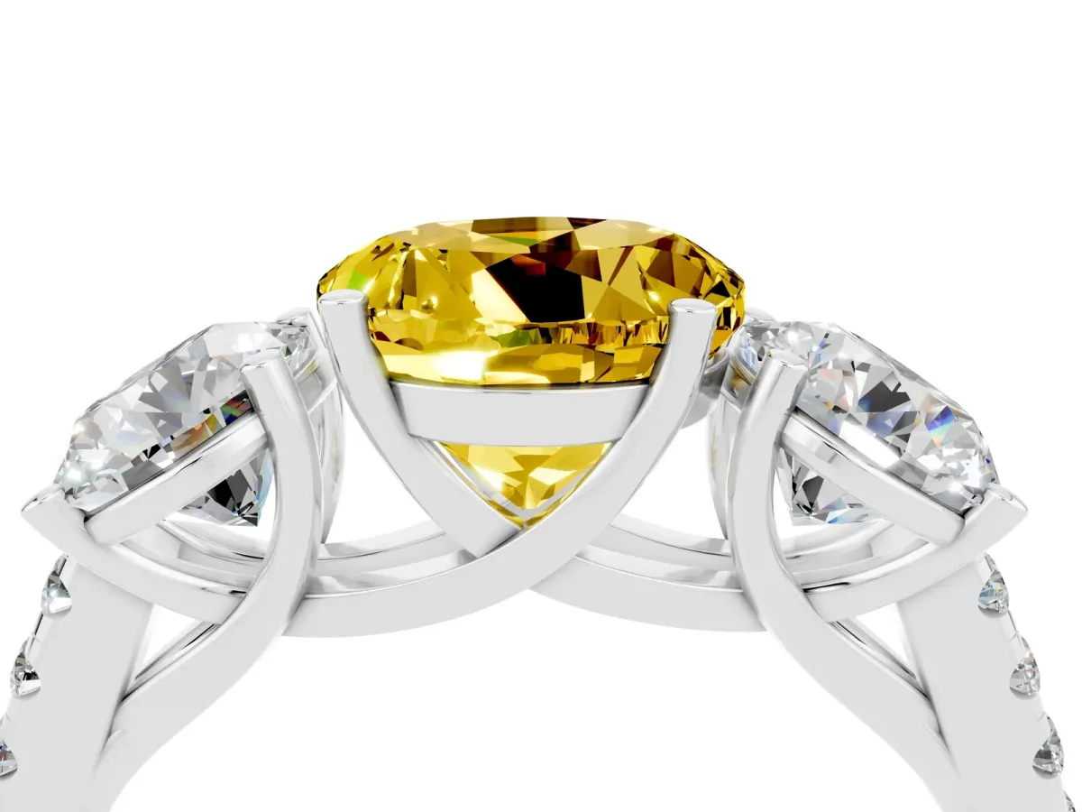 Three-Stone Round Cut Yellow Sapphire Ring with Round Pavé Band and Prong Setting Silver