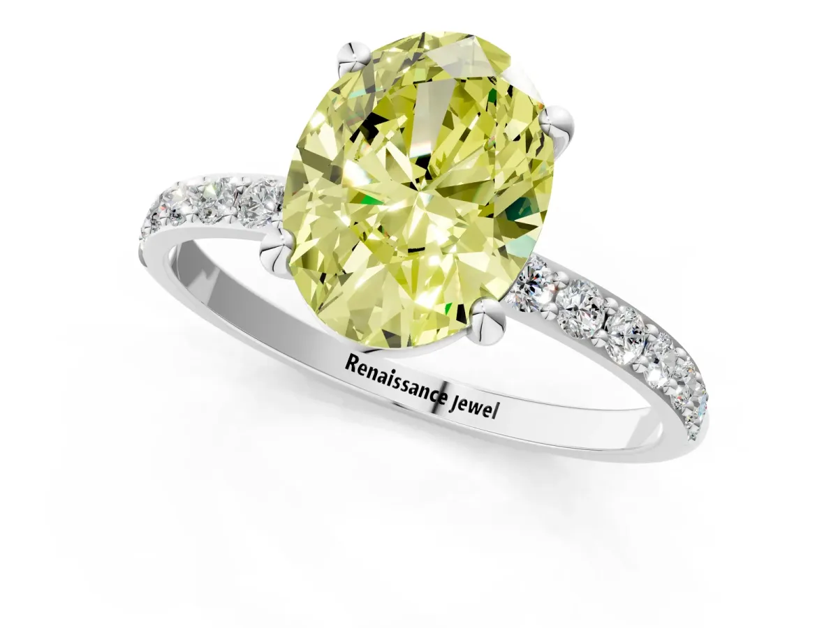 Fancy Yellow Oval Cut Diamond Solitaire Ring with Round Pavé Band and Prong Setting Silver