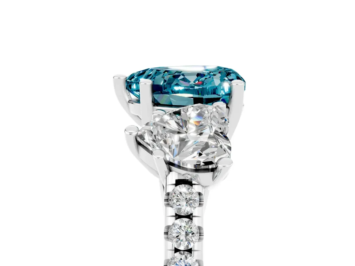 Three-Stone Heart Cut Blue Topaz Ring with Round Pavé Band and Prong Setting Silver