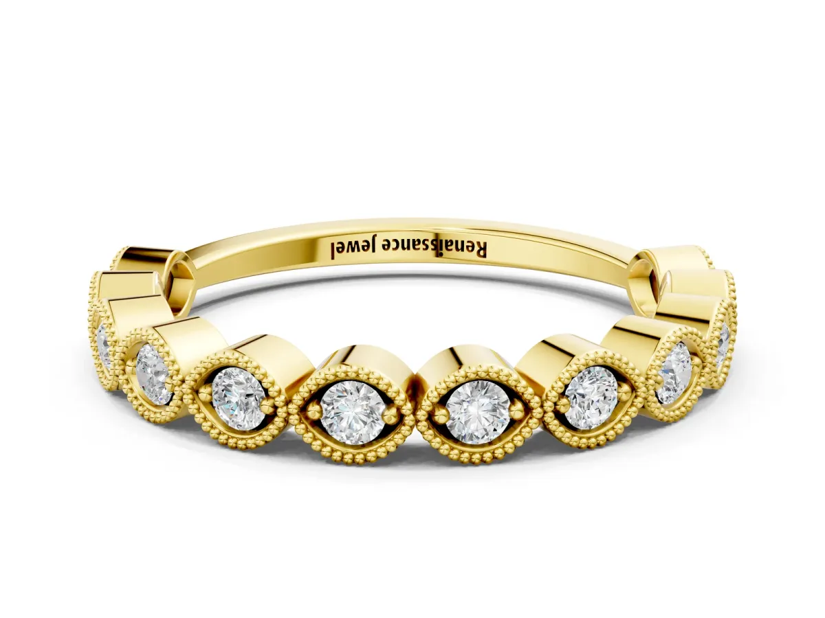Milgrain Marquise Diamond Eternity Band with Bezel Setting Yellow gold